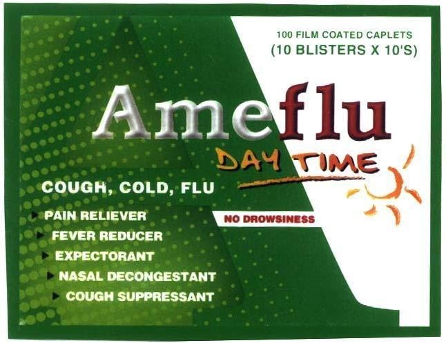 Nhãn hiệu AMEFLU DAY TIME 100 FILM COATED CAPLETS COUGH COLD FLU  của Công ty cổ phần dược phẩm OPV, số đơn 4-2004-01640
