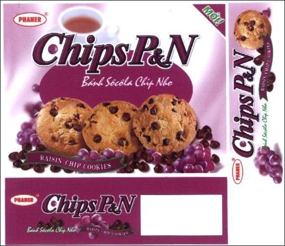Nhãn hiệu PHANER CHIPS P&N Bánh socola Chíp nho RAISIN COOKIES, hình PHANER CHIPS P N BANH SOCOLA CHIP NHO RAISIN COOKIES của Công ty TNHH chế biến thực phẩm & bánh kẹo Phạm Nguyên, số đơn 4-2004-09791
