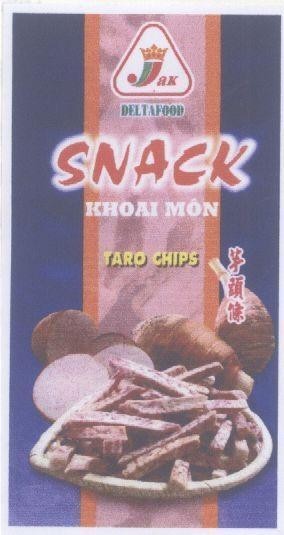Nhãn hiệu JAK DELTAFOOD SNACK Khoai Môn TARO CHIPS YU TOU TIAO SAY, hình JAK DELTAFOOD SNACK KHOAI MON TARO CHIPS YU TOU TIAO SAY của Công ty TNHH thương mại Vi Na Mít, số đơn 4-2004-13034