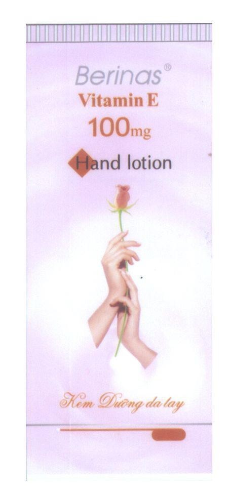 Cơ sở Kim Nga的Berinas Vitamin E 100mg Hand lotion Kem dưỡng da tay, hình BERINAS VITAMIN E 100MG HAND LOTION KEM DUONG DA TAY品牌, 申请号 4-2007-08161