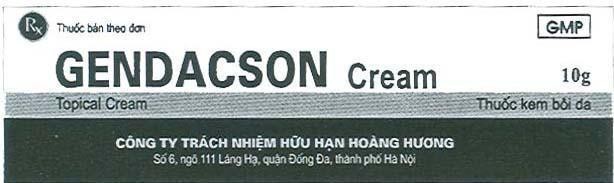 Nhãn hiệu GENDACSON Rx Công Ty Trách Nhiệm Hữu Hạn Hoàng Hương Cream Topical Cream GMP, hình GENDACSON RX CONG TY TRACH NHIEM HUU HAN HOANG HUONG CREAM TOPICAL CREAM GMP THUOC KEM BOI DA PX của Công ty TNHH Hoàng Hương, số đơn 4-2007-10721