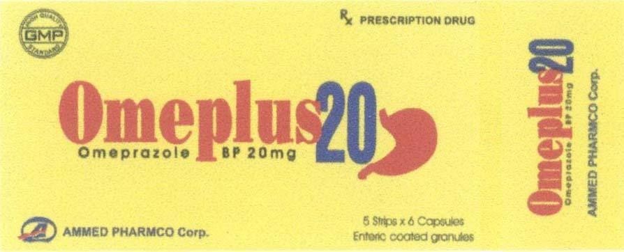 Trademark Omeplus20 Omeprazole BP 20mg GMP RX PRESCRIPTION DRUG AMMED PHARMCO Corp. High Quality Standard, hình OMEPLUS OMEPRAZOLE of Công Ty TNHH Dược Phẩm Âu Mỹ, application No 4-2008-25377