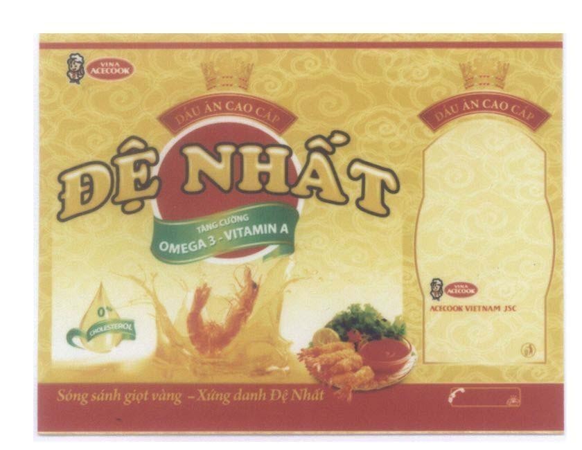 Nhãn hiệu DE NHAT VINA ACECOOK OMEGA 3 - VITAMIN A Dầu Ăn Cao Cấp Sóng sánh giọt vàng - Xứng danh Đệ Nhất ACECOOK Viet nam JSC, hình DE NHAT VINA ACECOOK OMEGA 3 VITAMIN A DAU AN CAO CAP SONG SANH GIOT VANG XUNG DANH DE NHAT của Công ty cổ phần ACECOOK Việt Nam (ACECOOK VIETNAM JSC), số đơn 4-2009-02921