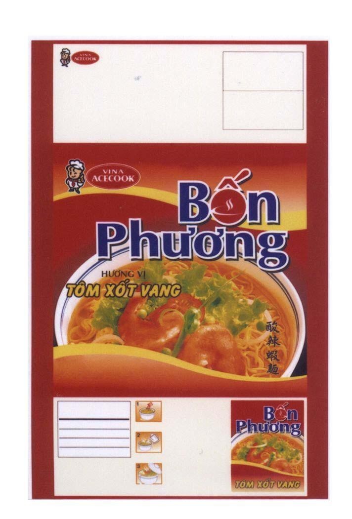 Nhãn hiệu VINA ACECOOK Bốn Phương Hương Vị Tôm Xốt Vang, hình VINA ACECOOK BON PHUONG HUONG VI TOM XOT VANG của Công ty cổ phần Acecook Việt Nam (Acecook VietNam Jsc.), số đơn 4-2009-04902
