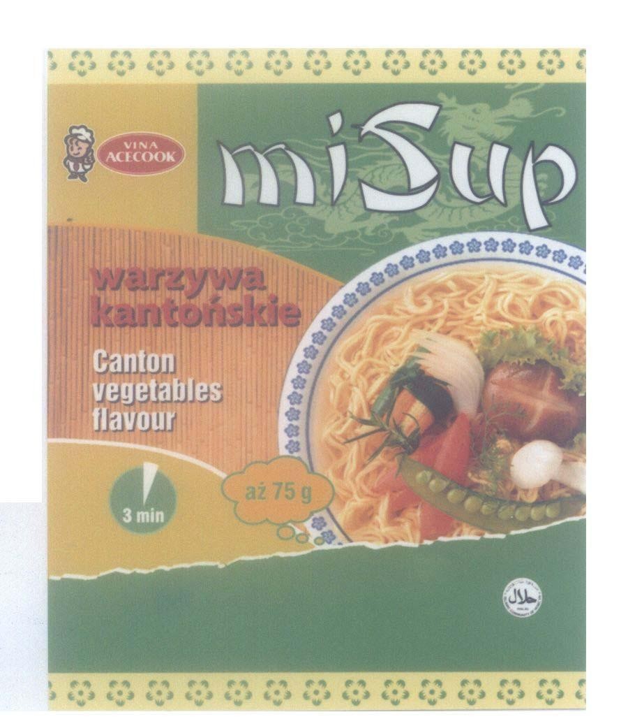 Nhãn hiệu VINA ACECOOK MiSup Warzywa Kantonskie Canton vegetables flavour 3 min az 75g, hình VINA ACECOOK MISUP WARZYWA KANTONSKIE CANTON VEGETABLES FLAVOUR 3 MIN AZ 75G của Công ty cổ phần Acecook Việt Nam (ACECOOK VIETNAM JSC), số đơn 4-2009-15903