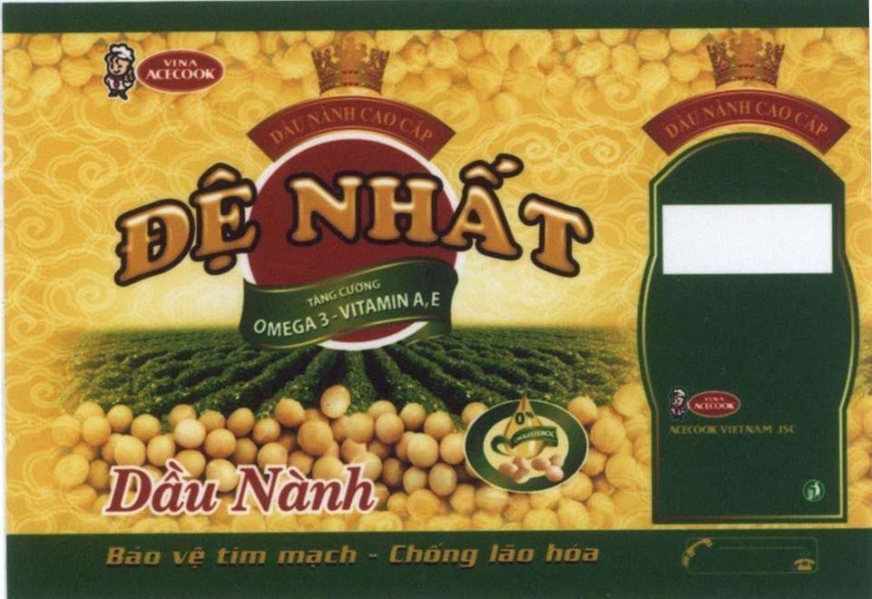 Nhãn hiệu Đệ Nhất VINA ACECOOK ACECOOK VIETNAM JSC Dầu nành cao cấp Tăng cường OMEGA 3 VITAMIN A E Bảo vệ tim mạch - chống lão hóa, hình DE NHAT VINA ACECOOK DAU NANH CAO CAP TANG CUONG OMEGA 3 VITAMIN A E VIETNAM JSC BAO VE TIM MACH CHONG LAO HOA của Công ty cổ phần ACECOOK Việt Nam (ACECOOK VIETNAM JSC), số đơn 4-2009-16023