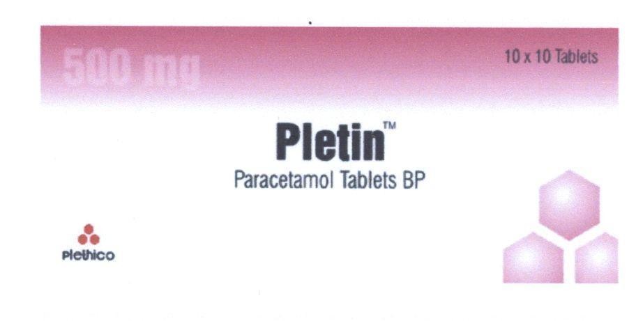 Trademark Pletin plethico Paracetamol Tablets BP 500 mg 10x10 Tablets, hình PLETIN LETIN PETIN PARACETAMOL TABLETS BP PLETHICO PETHICO PETHICO PLETICO PLEHICO PEHICO PETICO LEHICO LETICO of Plethico Pharmaceuticals Limited, application No 4-2009-26622