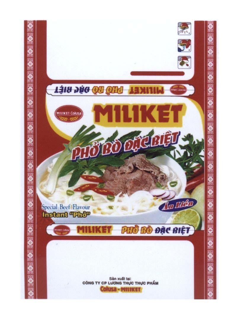 Trademark MILIKET Phở Bò Đặc Biệt ăn liền Special Beef Flavour Instant Công ty CP lương thực thực phẩm COLUSA MILIKET  of Công ty cổ phần lương thực thực phẩm COLUSA-MILIKET, application No 4-2010-03419