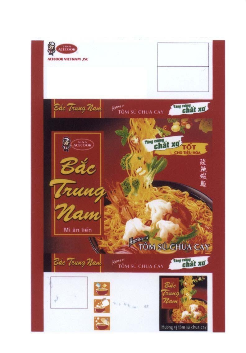 Nhãn hiệu Bắc Trung Nam VINA ACECOOK ACECOOK VIETNAM JSC Mì ăn liền Hương vị Tôm Sú Chua Cay Tốt Cho Tiêu Hoá Tăng cường chất xơ  của Công ty cổ phần Acecook Việt Nam (Acecook VietNam Jsc.), số đơn 4-2010-05940