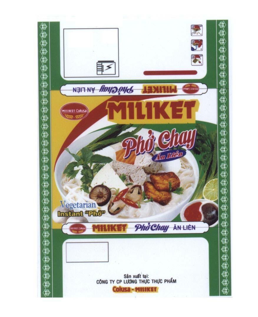 Trademark MILIKET-COLUSA MILIKET Phở Chay Ăn Liền Vegetarian Instant Phở Công Ty CP Lương Thực Thực Phẩm COLUSA-MILIKET  of Công ty cổ phần lương thực thực phẩm COLUSA-MILIKET, application No 4-2010-07489