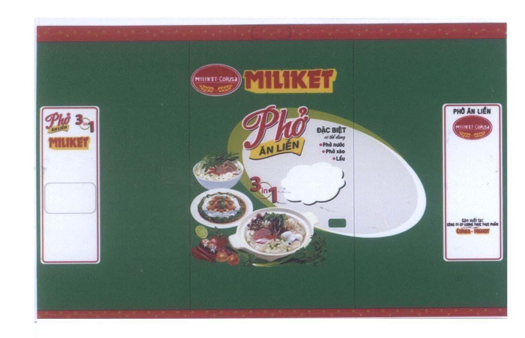 Nhãn hiệu MILIKET-COLUSA MILIKET Phở Ăn Liền 3 in 1 Đặc Biệt có thể dùng Phở nước Phở xào Lẩu Sản xuất tại: Công ty CP Lương Thực, hình MILIKET PHO AN LIEN MILIKET COLUSA 3 IN 1 DAC BIET CO THE DUNG PHO NUOC PHO XAO CONG TY CP LUONG THUC của Công ty cổ phần lương thực thực phẩm COLUSA-MILIKET, số đơn 4-2010-07749