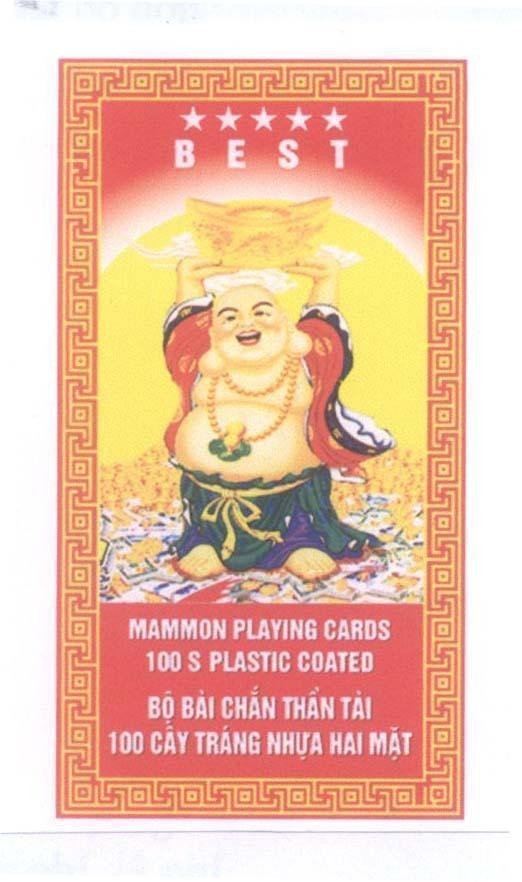Công ty TNHH công nghiệp Thanh Phúc的BEST MAMMON PLAYING CARDS 100 S PLASTIC COATED Bộ Bài Chắn Thần Tài 100 Cây Tráng Nhựa Hai Mặt 品牌, 申请号 4-2010-21950