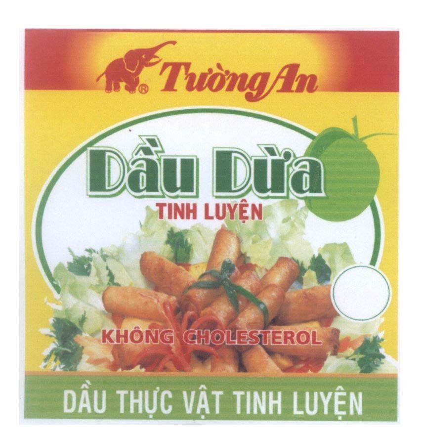 Nhãn hiệu Tường An Dầu Dừa Tinh Luyện Không CHOLESTEROL Dầu Thực Vật Tinh Luyện  của Công ty cổ phần dầu thực vật Tường An, số đơn 4-2010-27360