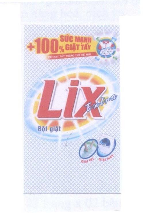 Nhãn hiệu Lix Extra Bột giặt +100% Sức Mạnh Giặt Tẩy Với Hạt Tẩy Trắng Thế Hệ Mới Giặt tay Giặt máy  của Công ty cổ phần bột giặt LIX, số đơn 4-2011-12982