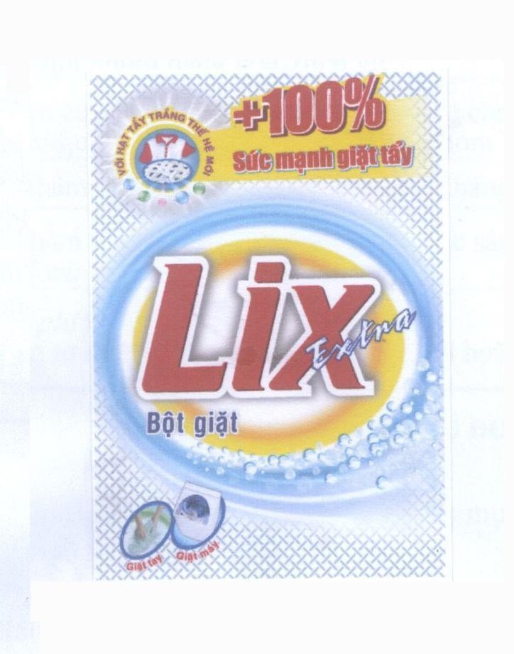 Nhãn hiệu LIX Extra Bột giặt +100% Sức mạnh giặt tẩy Với Hạt Tẩy Trắng Thế Hệ Mới Giặt Tay Giặt Máy  của Công ty cổ phần bột giặt LIX, số đơn 4-2011-15707