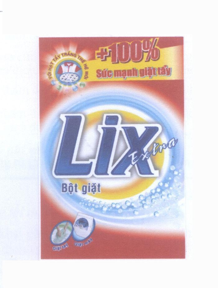 Nhãn hiệu LIX Extra +100% Sức mạnh giặt tẩy Bột giặt Với Hạt Tẩy Trắng Thế Hệ Mới Giặt tay Giặt máy  của Công ty cổ phần bột giặt LIX, số đơn 4-2011-15708