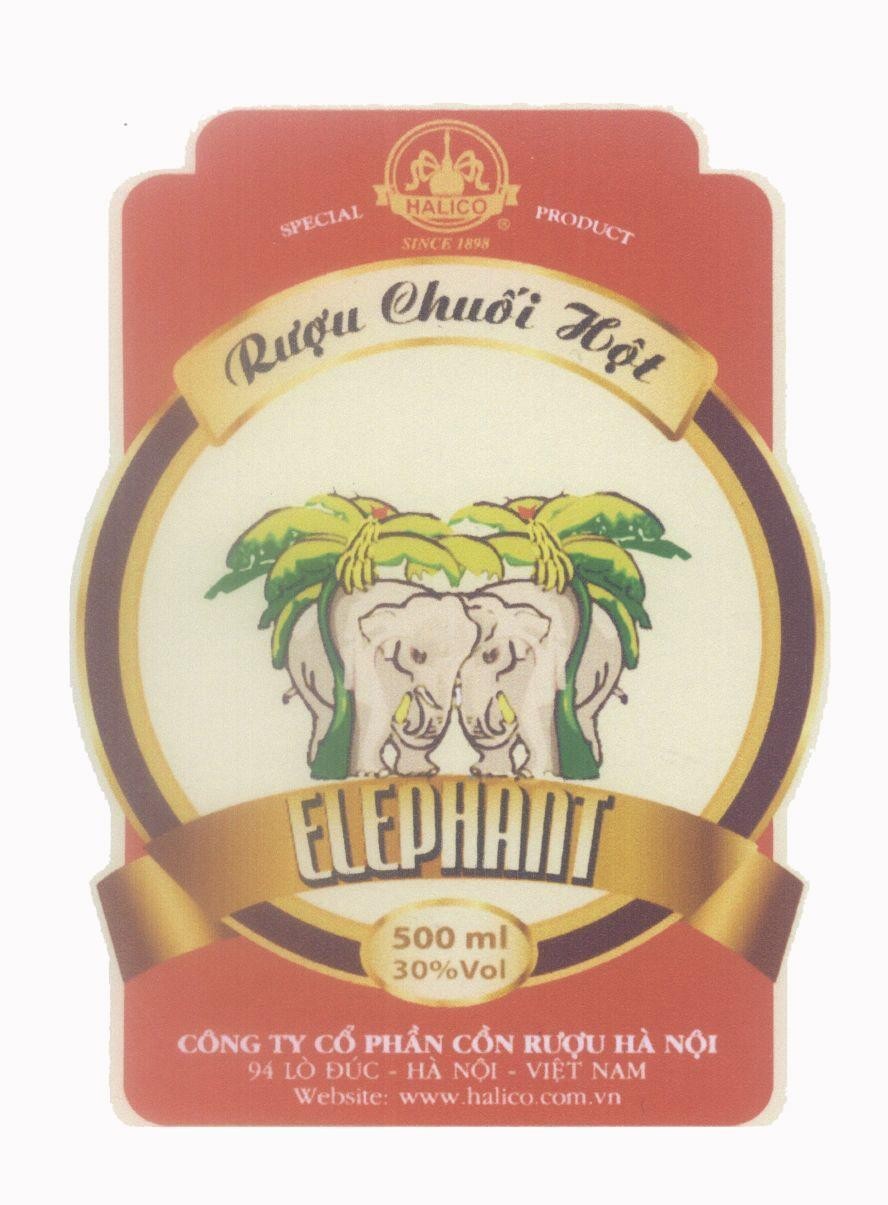 Trademark HALICO ELEPHANT SPECIAL PRODUCT SINCE 1898 Rượu Chuối Hột Công Ty Cổ Phần Cồn Rượu Hà Nội 94 Lò Đúc - Hà Nội - Việt Nam  of Công ty cổ phần cồn rượu Hà Nội, application No 4-2011-25524
