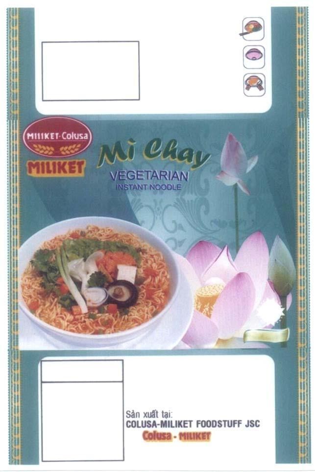 Trademark MILIKET MILIKET Colusa Mì Chay VEGETARIAN INSTANT NOODLE sản xuất tại: COLUSAT - MILIKET FOODSTUFF JSC Colusa - Miliket  of Công ty cổ phần lương thực thực phẩm COLUSA-MILIKET, application No 4-2012-12340