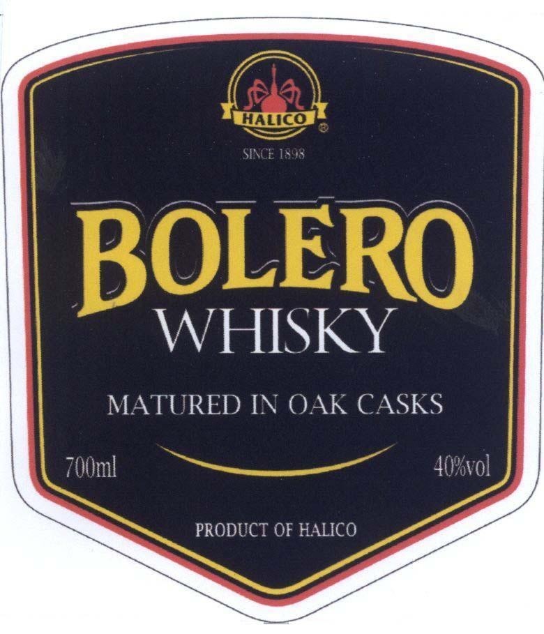 Trademark HALICO BOLERO WHISKY NATURED IN OAK CASKS SINCE 1898 700ml 40%vol PRODUCT OF HALICO  of Công ty cổ phần Cồn Rượu Hà Nội, application No 4-2013-11049