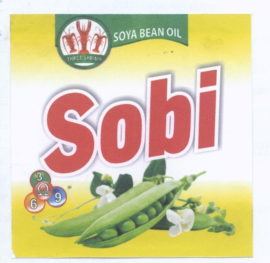 Nhãn hiệu Sobi SOYA BEAN OIL THREE SHRIMP Omega 3 6 9 [ký hiệu omega]  của Công ty TNHH thương mại và đầu tư Việt Xanh, số đơn 4-2013-21965