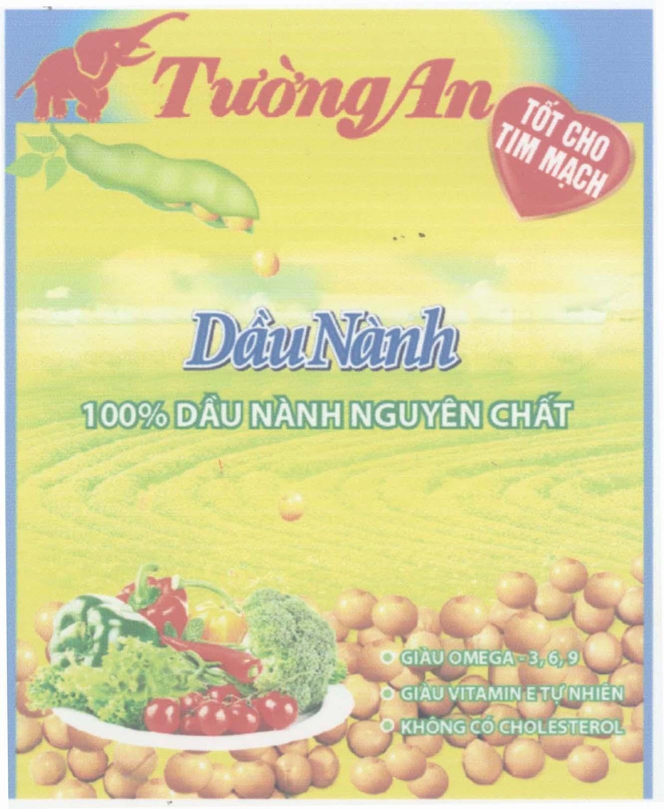 Nhãn hiệu Tường An Dầu Nành 100% Dầu Nành Nguyên Chất Tốt Cho Tim Mạch Giàu Omega-3,6,9 Giàu Vitamin E Tự nhiên Không có Cholestero  của Công ty cổ phần dầu thực vật Tường An, số đơn 4-2013-25821