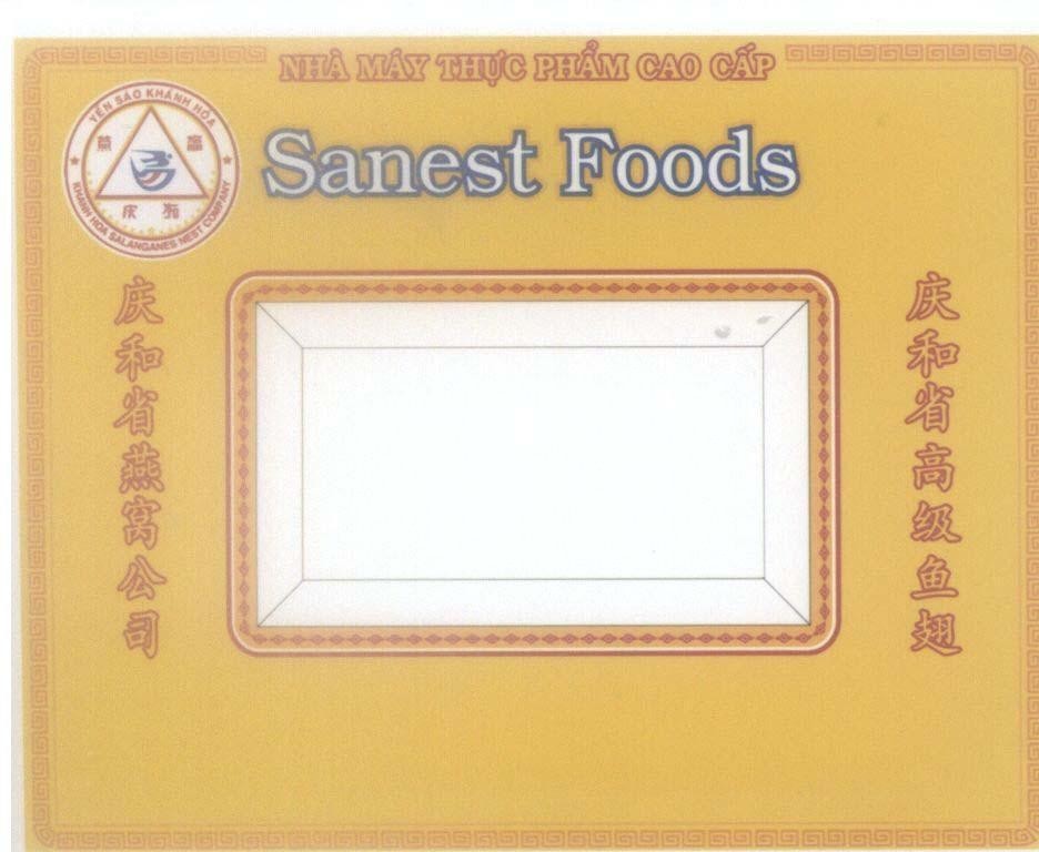 Nhãn hiệu Sanest Foods [yan wo qing he: Yến sào Khánh Hòa; tjíng hở sừng dén wó cúng sứ: Công ty yến sào tỉnh Khánh Hòa;...]  của Công ty TNHH nhà nước một thành viên yến sào Khánh Hòa, số đơn 4-2013-31047