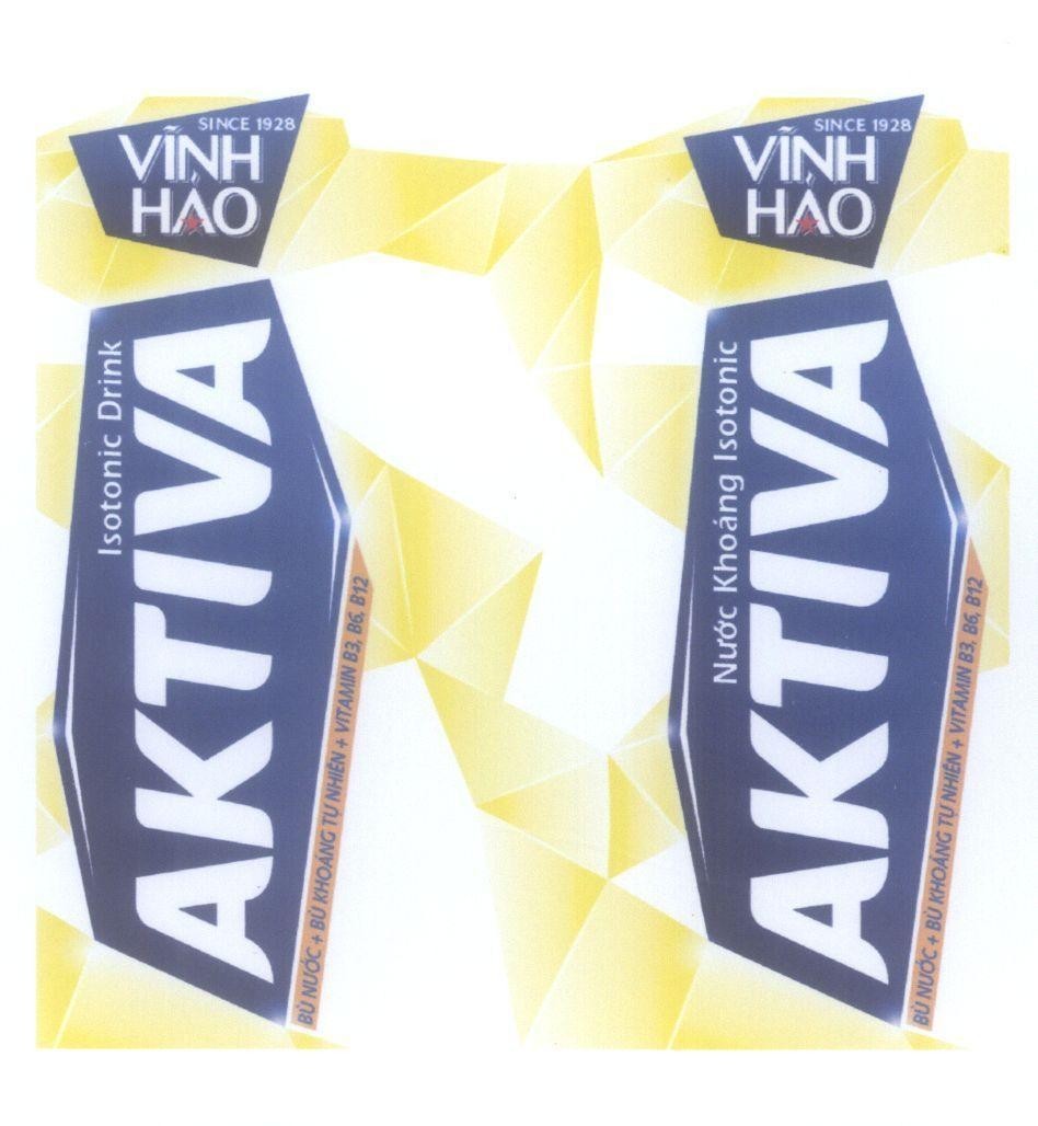 Nhãn hiệu Vĩnh Hảo AKTIVA Isotonic Drink Nước Khoáng Isotonic Bù Nước Bù Khoáng Tự Nhiên Vitamin B3 B6 B12  của Công ty cổ phần nước khoáng Vĩnh Hảo, số đơn 4-2014-03594