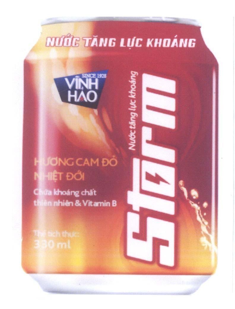 Nhãn hiệu Storm Nước Tăng Lực Khoáng Vĩnh Hảo SINCE 1928 Hương cam đỏ nhiệt đới Chứa khoáng chất thiên nhiên & Vitamin B  của Công ty cổ phần nước khoáng Vĩnh Hảo, số đơn 4-2014-12829
