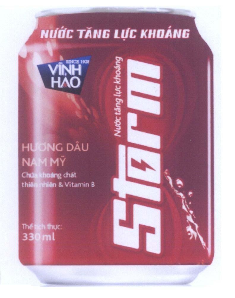 Nhãn hiệu Storm Nước tăng lực khoáng Vĩnh Hảo SINCE 1928 Hương dâu Nam Mỹ Chứa khoáng chất thiên nhiên & Vitamin B...  của Công ty cổ phần nước khoáng Vĩnh Hảo, số đơn 4-2014-12830