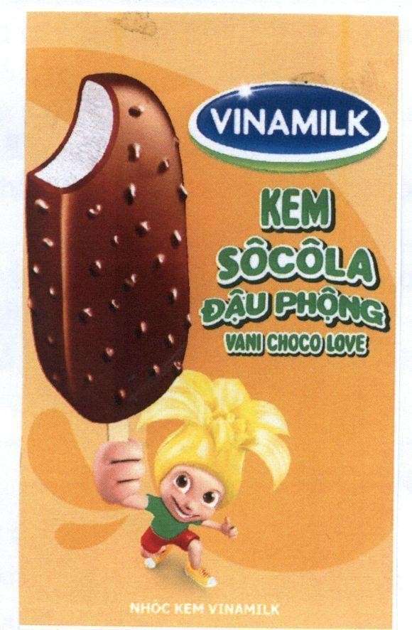 Trademark VINAMILK KEM SÔCÔLA Đậu Phộng VANI CHOCO LOVE Nhóc Kem Vinamilk, hình VINAMILK KEM SOCOLA DAU PHONG VANI CHOCO LOVE NHOC KEM VINAMILK of Công ty cổ phần sữa Việt Nam (VINAMILK), application No 4-2014-18855