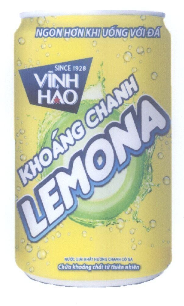 Nhãn hiệu Vĩnh Hảo Khoáng Chanh LEMONA Ngon Hơn Khi Uống Với Đá Nước Giải Khát Hương Chanh Có Ga Chứa khoáng chất từ thiên nhiên  của Công ty cổ phần nước khoáng Vĩnh Hảo, số đơn 4-2014-22797
