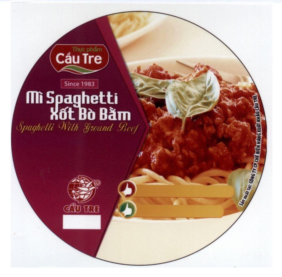 Nhãn hiệu Mì Spaghetti Xốt Bò Bằm Thực phẩm Cầu Tre Spaghetti with ground beef  của Công ty cổ phần thực phẩm CJ Cầu Tre, số đơn 4-2014-24454