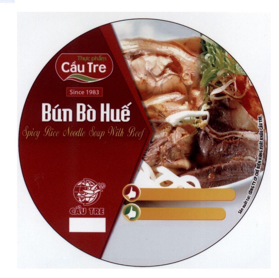 Nhãn hiệu Bún Bò Huế thực phẩm Cầu Tre Since 1983 Spicy Rice Noodle Soup With Beef  của Công ty cổ phần thực phẩm CJ Cầu Tre, số đơn 4-2014-24457