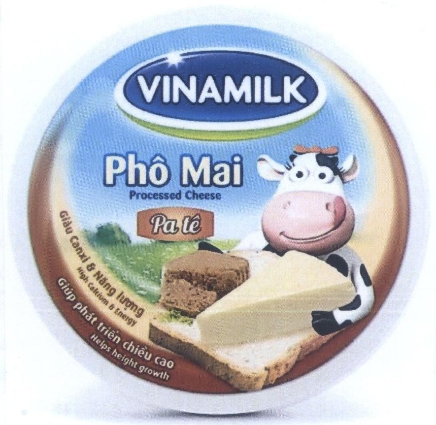 Nhãn hiệu VINAMILK Phô Mai Pa tê Processed Cheese giàu canxi & năng lượng high calcium &energy giúp phát triển chiều cao  của Công ty cổ phần Sữa Việt Nam (VINAMILK), số đơn 4-2015-14710