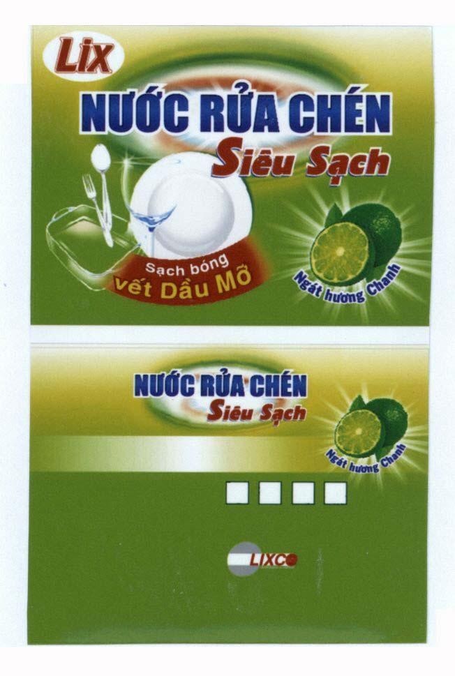 Nhãn hiệu LIX LIXCO Nước Rửa Chén Siêu Sạch Sạch Bóng Vết Dầu Mỡ Ngát Hương Chanh  của Công ty cổ phần bột giặt Lix, số đơn 4-2015-32593