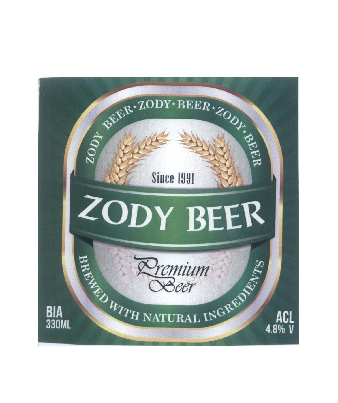 ZODY BEER Premium Beer Since 1991 BREWED WITH NATURAL INGREDIENTS ACL 4.8% V BIA 330ML 