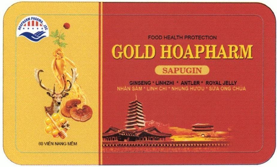Nhãn hiệu HOAPHARM PHARMA GOLD HOAPHARM SAPUGIN FOOD HEALTH PROTECTION GINSENG LINHZHI ANTLER ROYAL JELLY...  của Công ty TNHH Hoàng Hương, số đơn 4-2016-10696