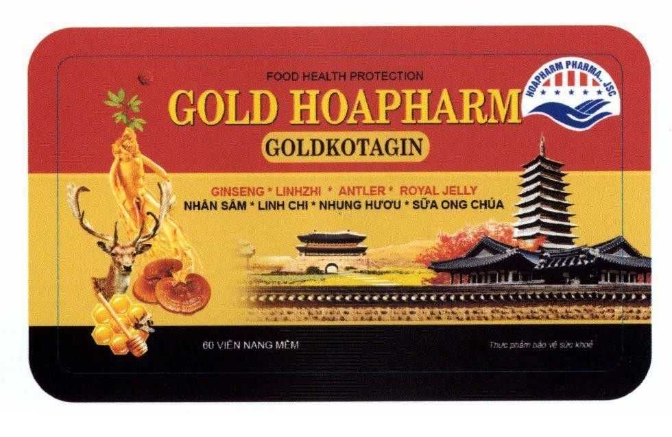 Nhãn hiệu HOAPHARM PHARMA GOLD HOAPHARM GOLDKOTAGIN FOOD HEALTH PROTECTION GINSENG LINHZHI ANTLER ROYAL JELLY...  của Công ty TNHH Hoàng Hương, số đơn 4-2016-10698