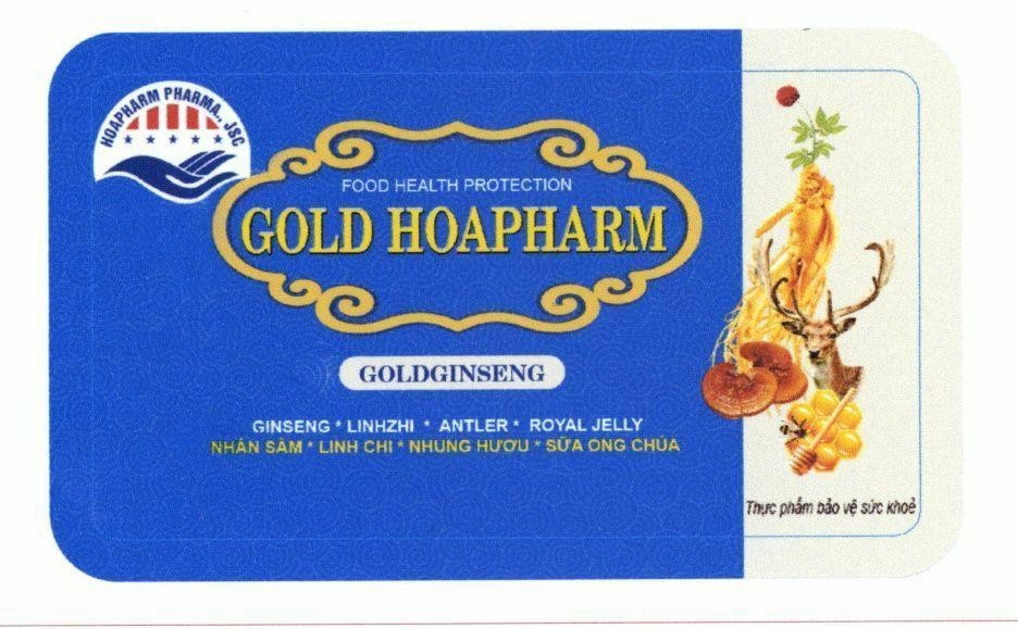 Nhãn hiệu HOAPHARM PHARMA., JSC GOLD HOAPHARM GOLDGINSENG FOOD HEALTH PROTECTION GINSENG LINGZHI ANTLER ROYAL JELLY NHÂN SÂM  của Công ty TNHH Hoàng Hương, số đơn 4-2016-12886