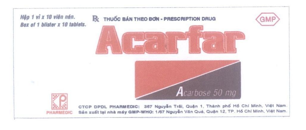 Nhãn hiệu GMP Acarfar Acarbose 50 mg PHARMEDIC  của Công ty cổ phần dược phẩm dược liệu PHARMEDIC, số đơn 4-2016-17338