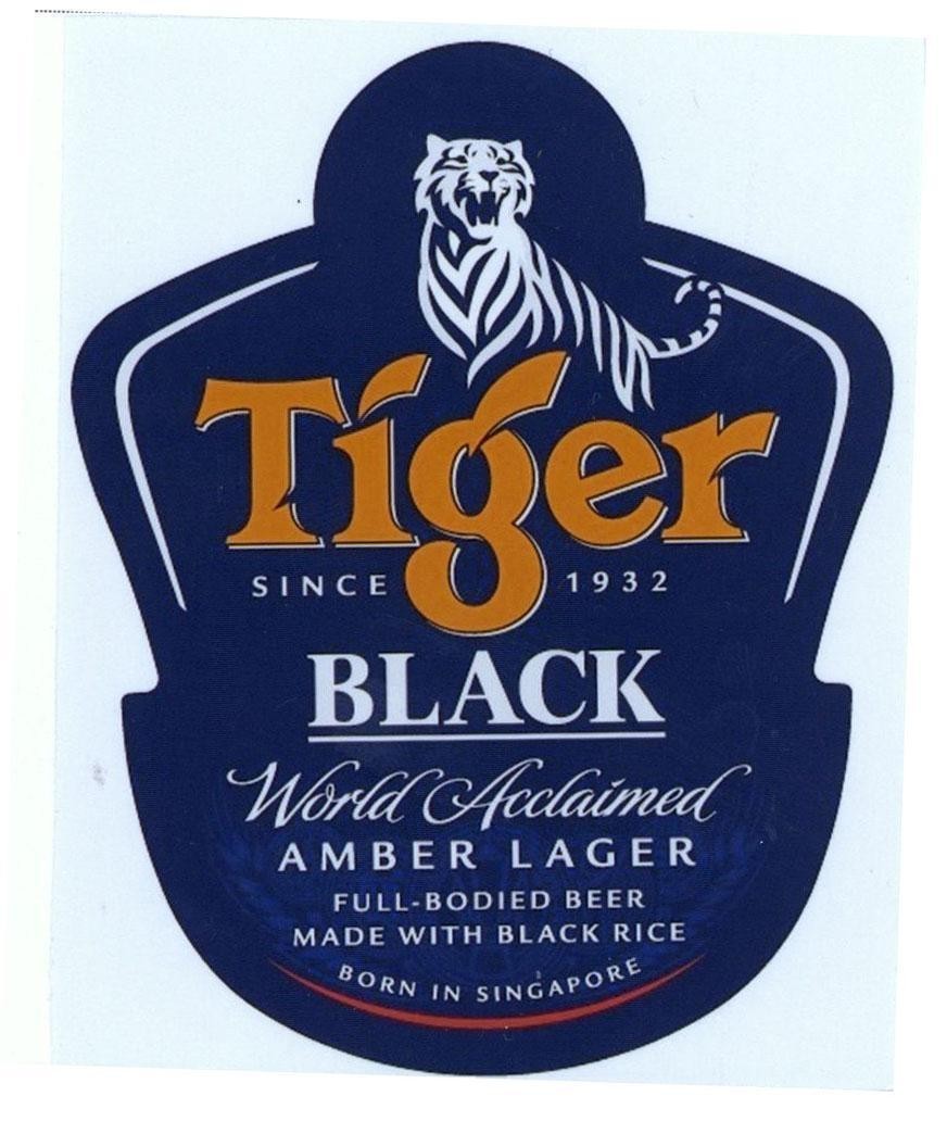 HEINEKEN ASIA PACIFIC PTE. LTD.的Tiger SINCE 1932 BLACK World Acclaimed AMBER LAGER FULL - BODIED BEER MADE WITH BLACK RICE BORN IN SINGAPORE 品牌, 申请号 4-2016-34784
