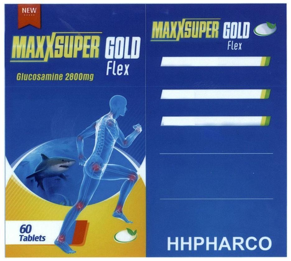 Nhãn hiệu MAXXSUPER GOLD Flex HHPHARCO, glucosamin 2800mg, NEW, hình, 60 Tablets  của Công ty trách nhiệm hữu hạn TMDV&XNK Hoàng Hải Phát, số đơn 4-2017-22193