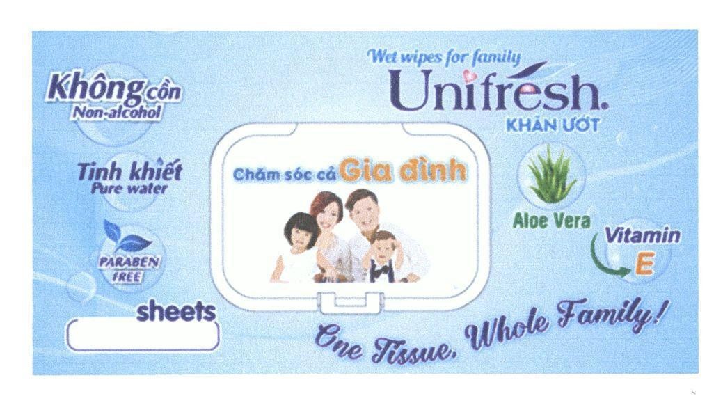Công ty TNHH TAISUN Việt Nam的Unifresh Wet wipes for family Aloe Vera One Tissue, Khole Family PARABEN FREE Chăm sóc cả Gia Đình... 品牌, 申请号 4-2017-23299