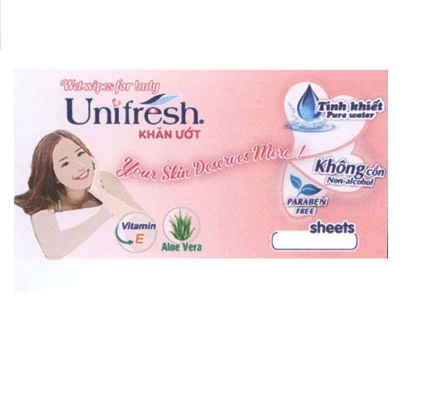 Công ty TNHH TAISUN Việt Nam的Unifresh Wet wipes for lady Khăn Ướt Tinh khiết Pure water You Skin Deserves More! Không cồn Non-alcohol PARABEN FREE 品牌, 申请号 4-2017-23300