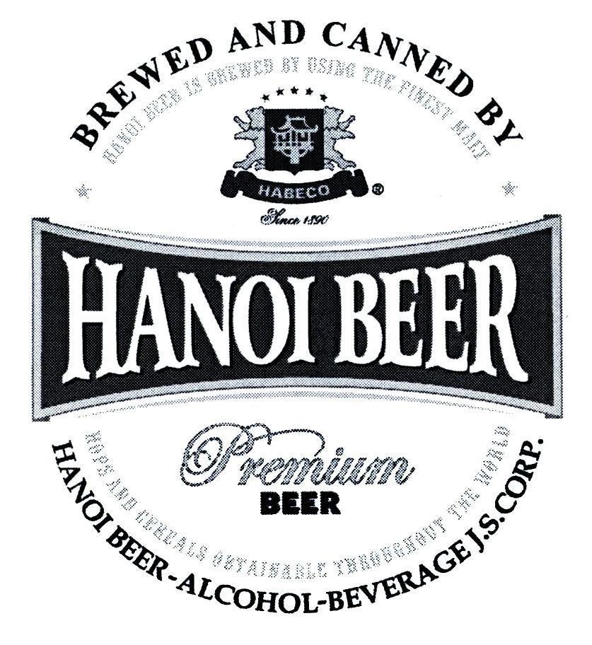 Nhãn hiệu HANOI BEER BREWED AND CANNED BY HANOI BEER-ALCOHOL-BEVERAGE J.S.CORP HABECO Premium...  của Tổng công ty Cổ phần Bia Rượu - Nước Giải Khát Hà Nội, số đơn 4-2017-35775