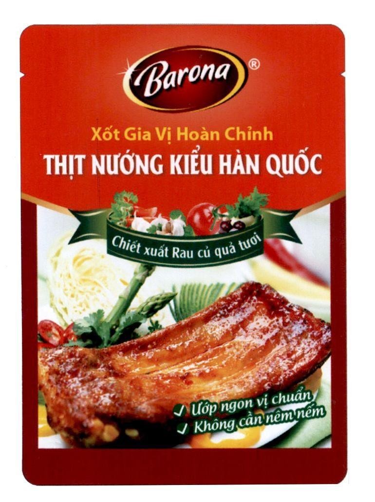 Nhãn hiệu Barona Xốt Gia Vị Hoàn Chỉnh Thịt Nướng Kiểu Hàn Quốc Chiết xuất Rau củ quả tươi: Ướp ngon vị chuẩn Không cần nêm nếm  của Công ty TNHH Nam Phương V.N, số đơn 4-2018-31937