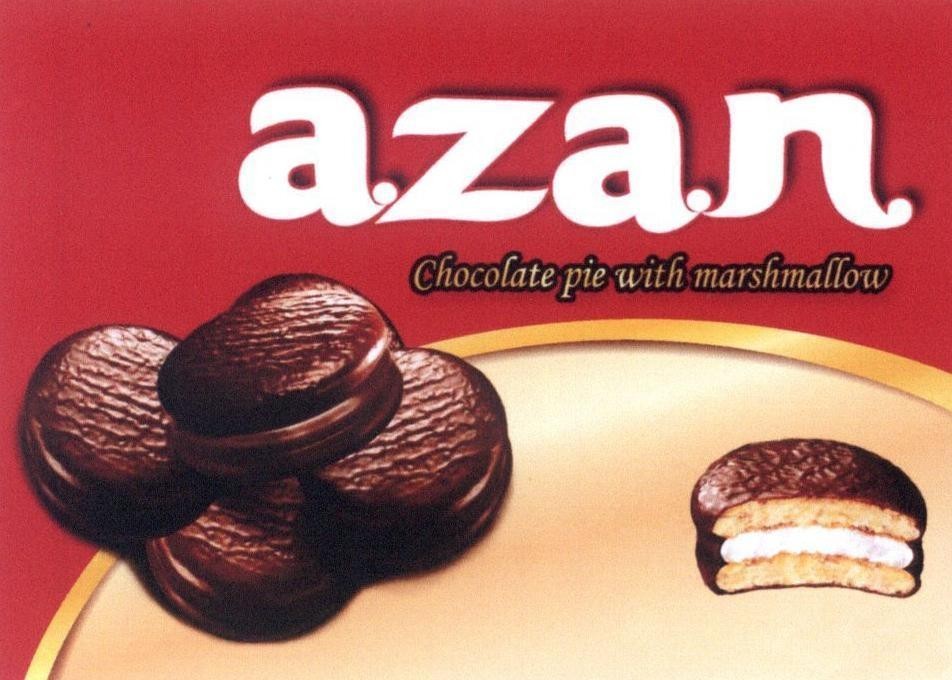Nhãn hiệu azan Chocolate pie with marshmallow, hình AZAN CHOCOLATE PIE WITH MARSHMALLOW của Công ty TNHH chế biến thực phẩm & bánh kẹo Phạm Nguyên, số đơn 4-2019-01268