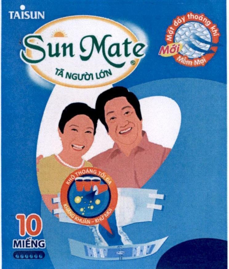 Công ty TNHH TAISUN Việt Nam的TAISUN Sun Mate Tã Người Lớn Mới Mặt đáy thoáng khí Mềm Mại Khô Thoáng Tối Đa Kháng Khuẩn - Khử Mùi 10 Miếng 品牌, 申请号 4-2019-07273