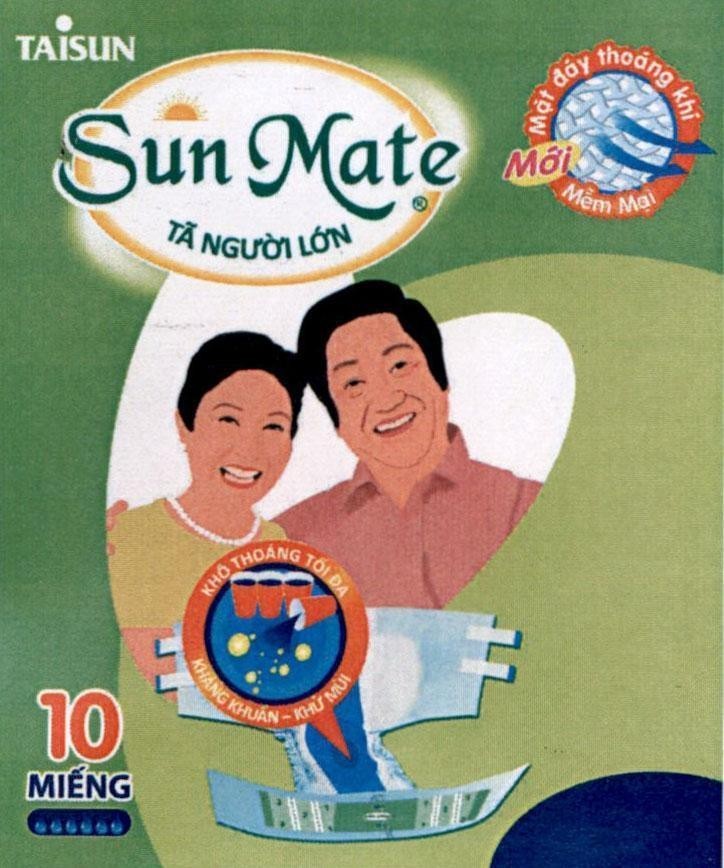 Công ty TNHH TAISUN Việt Nam的TAISUN Sun Mate Tã Người Lớn Mới Mặt đáy thoáng khí Mềm Mại Khô Thoáng Tối Đa Kháng Khuẩn - Khử Mùi 10 Miếng 品牌, 申请号 4-2019-07274