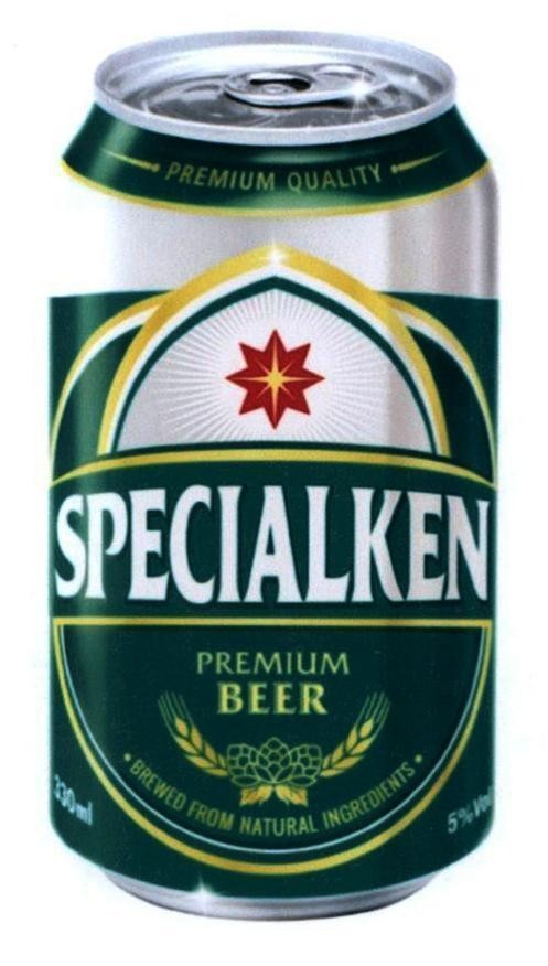 Trademark SPECIALKEN PREMIUM BEER BREWED FROM NATURAL INGREDIENTS PREMIUM QUALITY 330ml 5% Vol  of Công ty cổ phần bia quốc tế Sài Gòn Hà Nội, application No 4-2019-09629